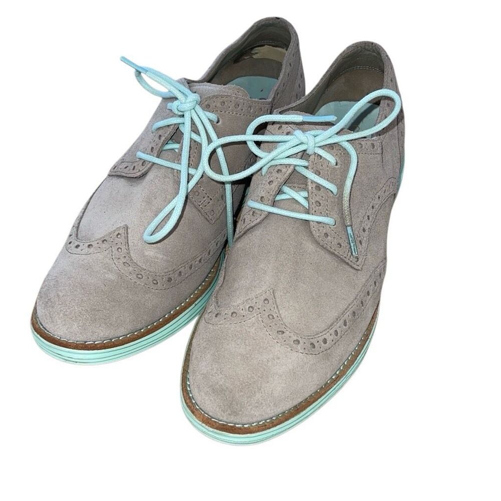 Cole Haan Lunargrand Lace-Up Oxfords‎ Beige Suede and Green Size 7 Women's